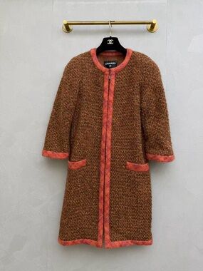 CHANEL Brown Tweed Long Coat with Coral Trim